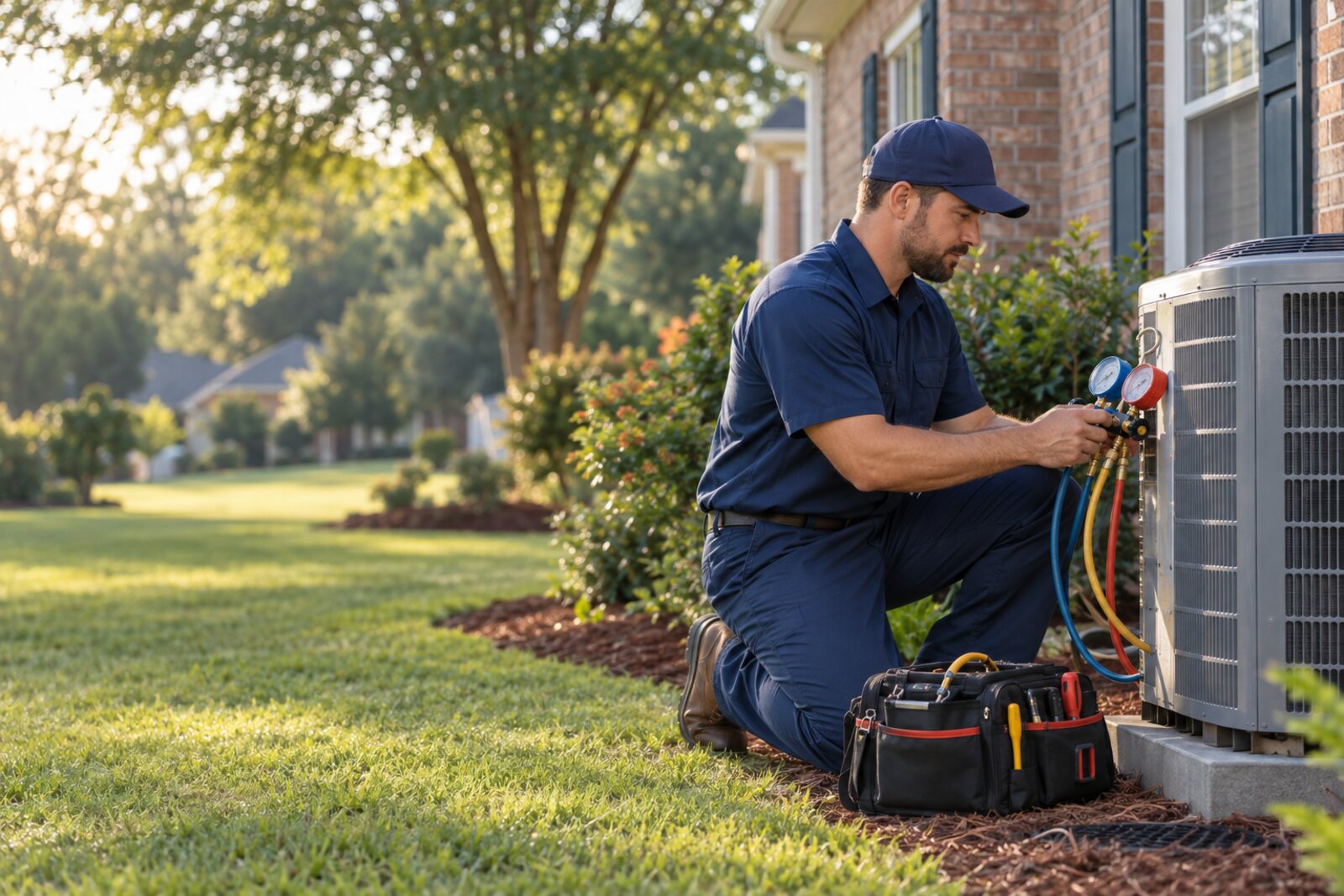 HVAC technician servicing a residential outdoor unit